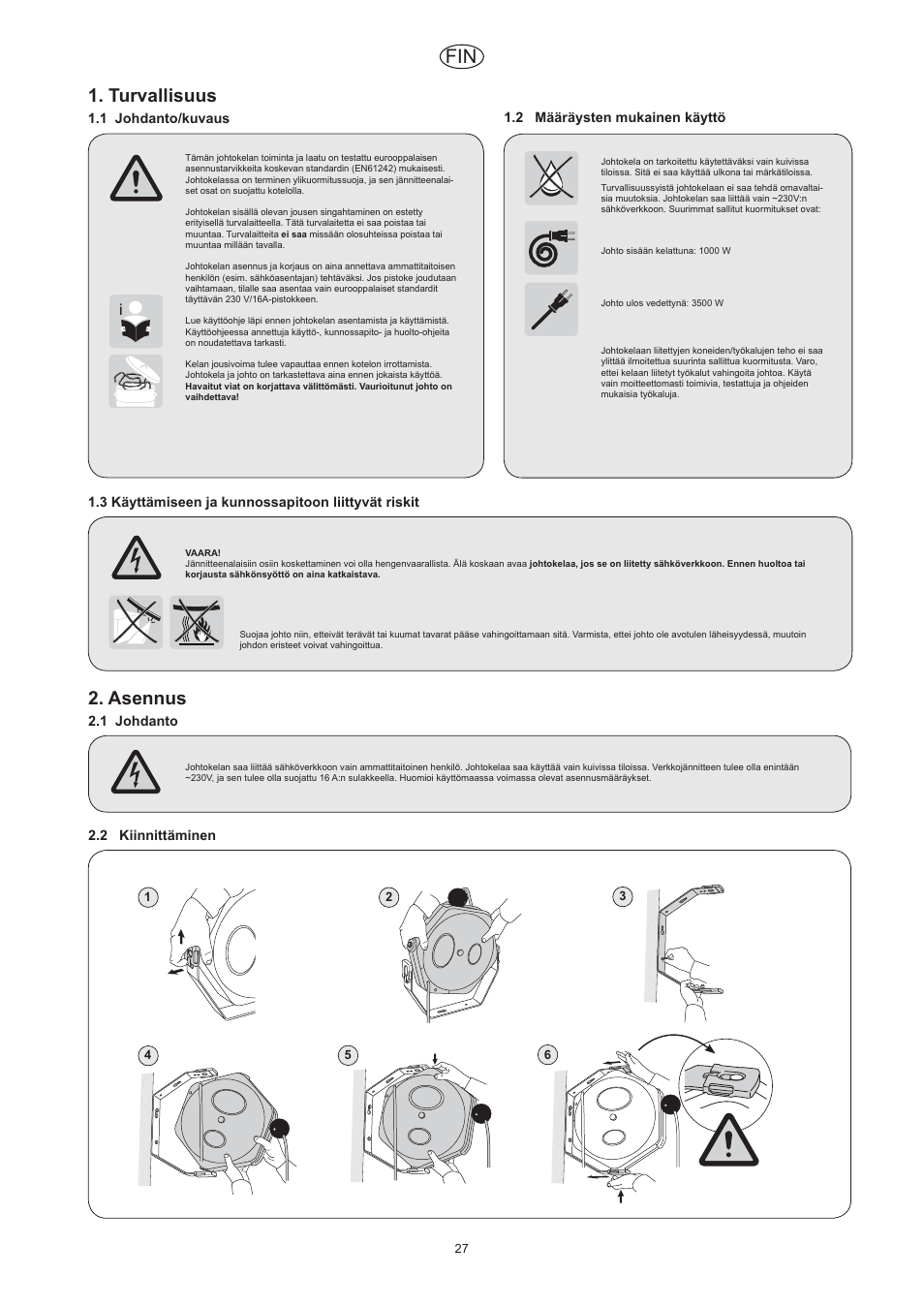 Turvallisuus, Asennus | CEJN Cable Reels User Manual | Page 27 / 57