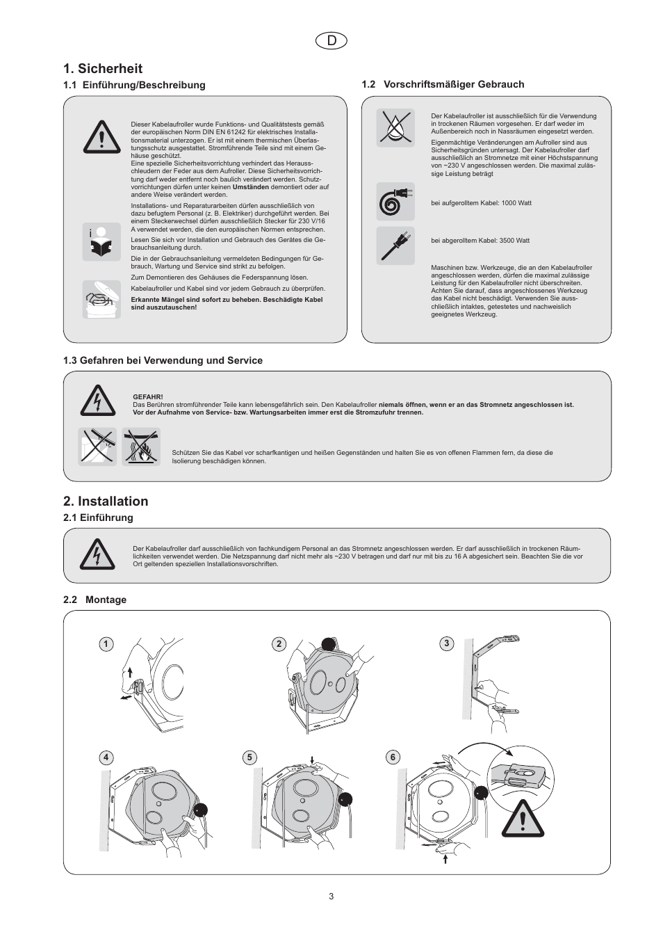 Sicherheit, Installation | CEJN Cable Reels User Manual | Page 3 / 57