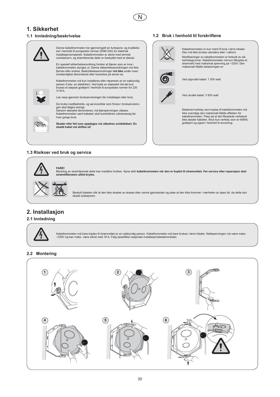 Sikkerhet, Installasjon | CEJN Cable Reels User Manual | Page 30 / 57