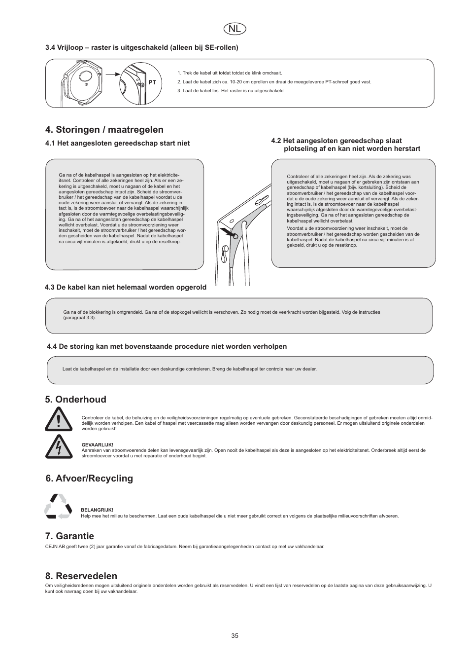 Storingen / maatregelen, Onderhoud, Afvoer/recycling | Garantie, Reservedelen | CEJN Cable Reels User Manual | Page 35 / 57