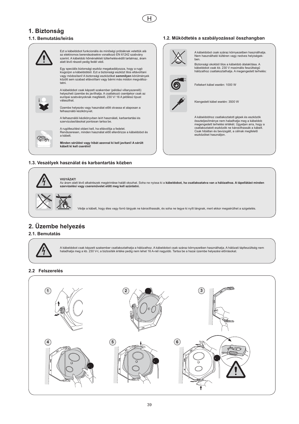 Biztonság, Üzembe helyezés | CEJN Cable Reels User Manual | Page 39 / 57