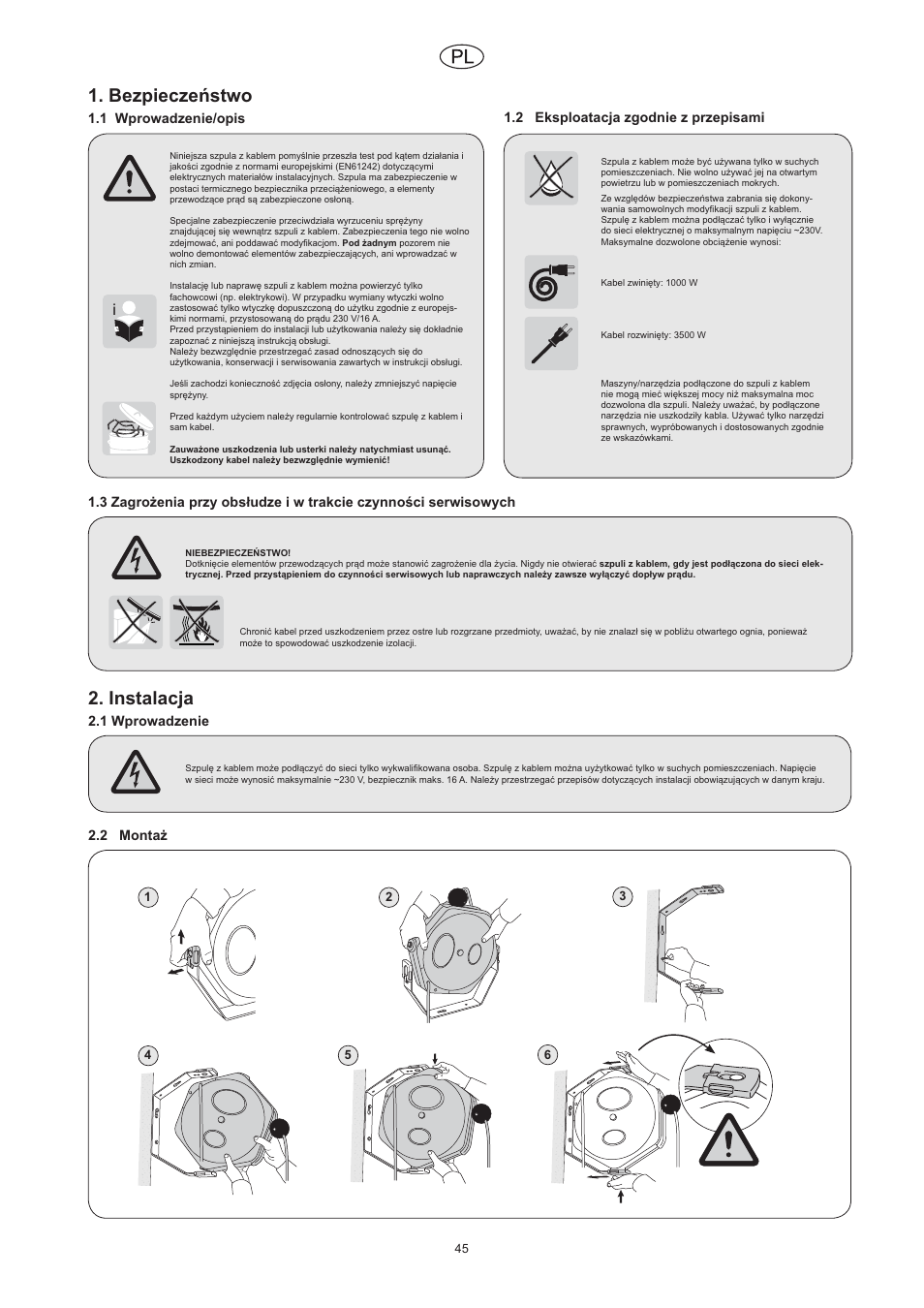 Bezpieczeĕstwo, Instalacja | CEJN Cable Reels User Manual | Page 45 / 57