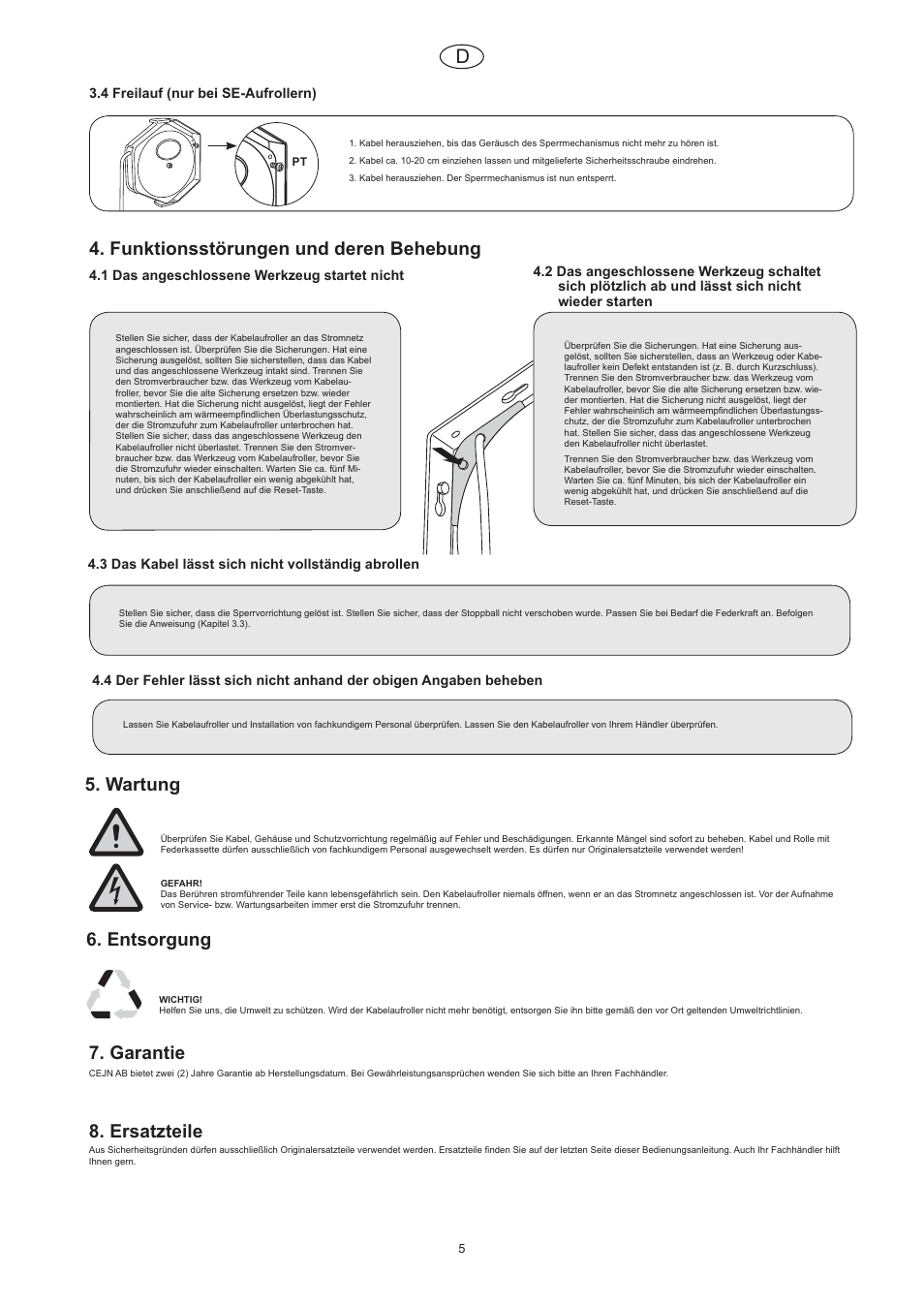 Funktionsstörungen und deren behebung, Wartung, Entsorgung | Garantie, Ersatzteile | CEJN Cable Reels User Manual | Page 5 / 57