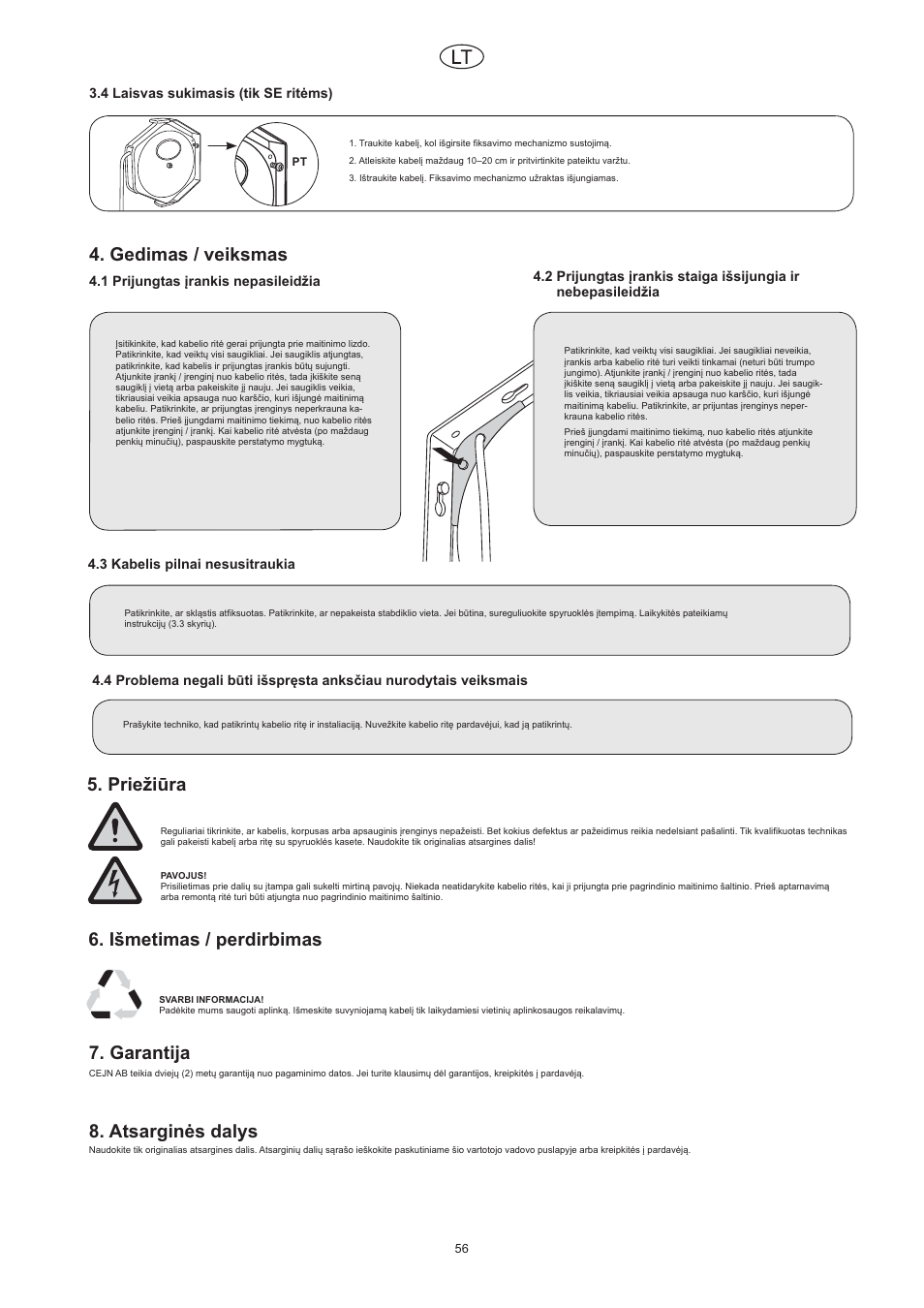 Gedimas / veiksmas, Priežiǌra, Išmetimas / perdirbimas | Garantija, Atsarginơs dalys | CEJN Cable Reels User Manual | Page 56 / 57