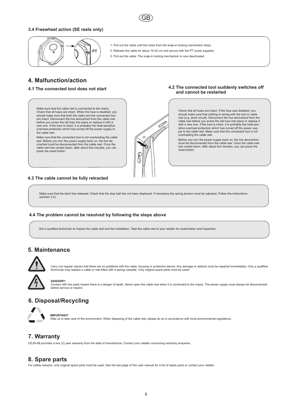 Malfunction/action, Maintenance, Disposal/recycling | Warranty, Spare parts | CEJN Cable Reels User Manual | Page 8 / 57