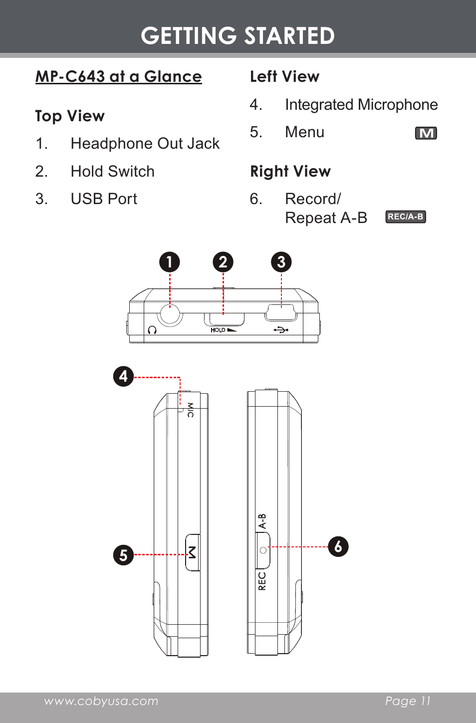 Getting started, Mp-c643 at a glance, Top view | Left view, Right view | COBY electronic MP-C643 User Manual | Page 11 / 44