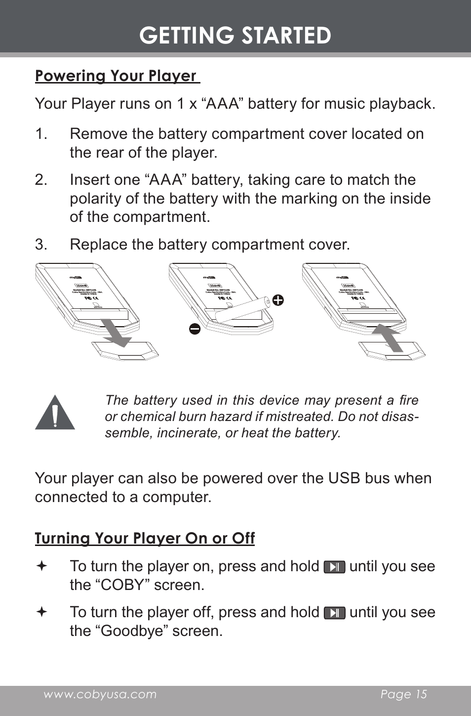 Powering your player, Turning your player on or off, Getting started | COBY electronic MP-C643 User Manual | Page 15 / 44