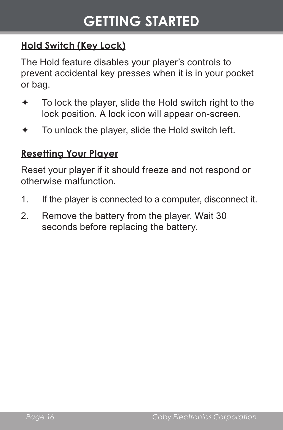 Hold switch (key lock), Resetting your player, Getting started | COBY electronic MP-C643 User Manual | Page 16 / 44