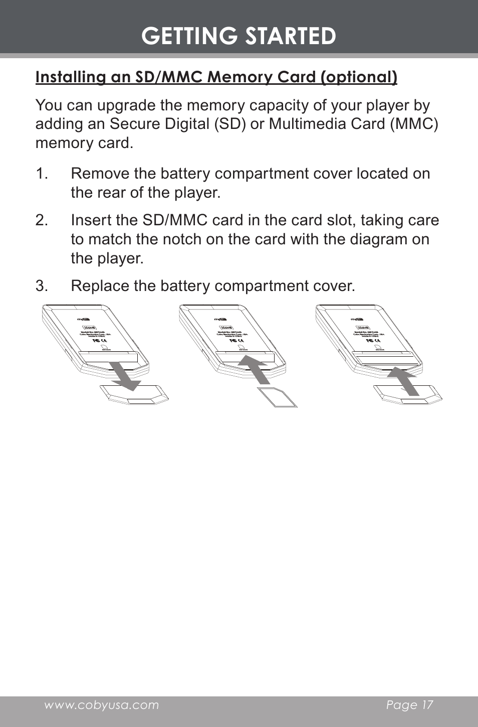 Installing an sd/mmc memory card (optional), Getting started | COBY electronic MP-C643 User Manual | Page 17 / 44