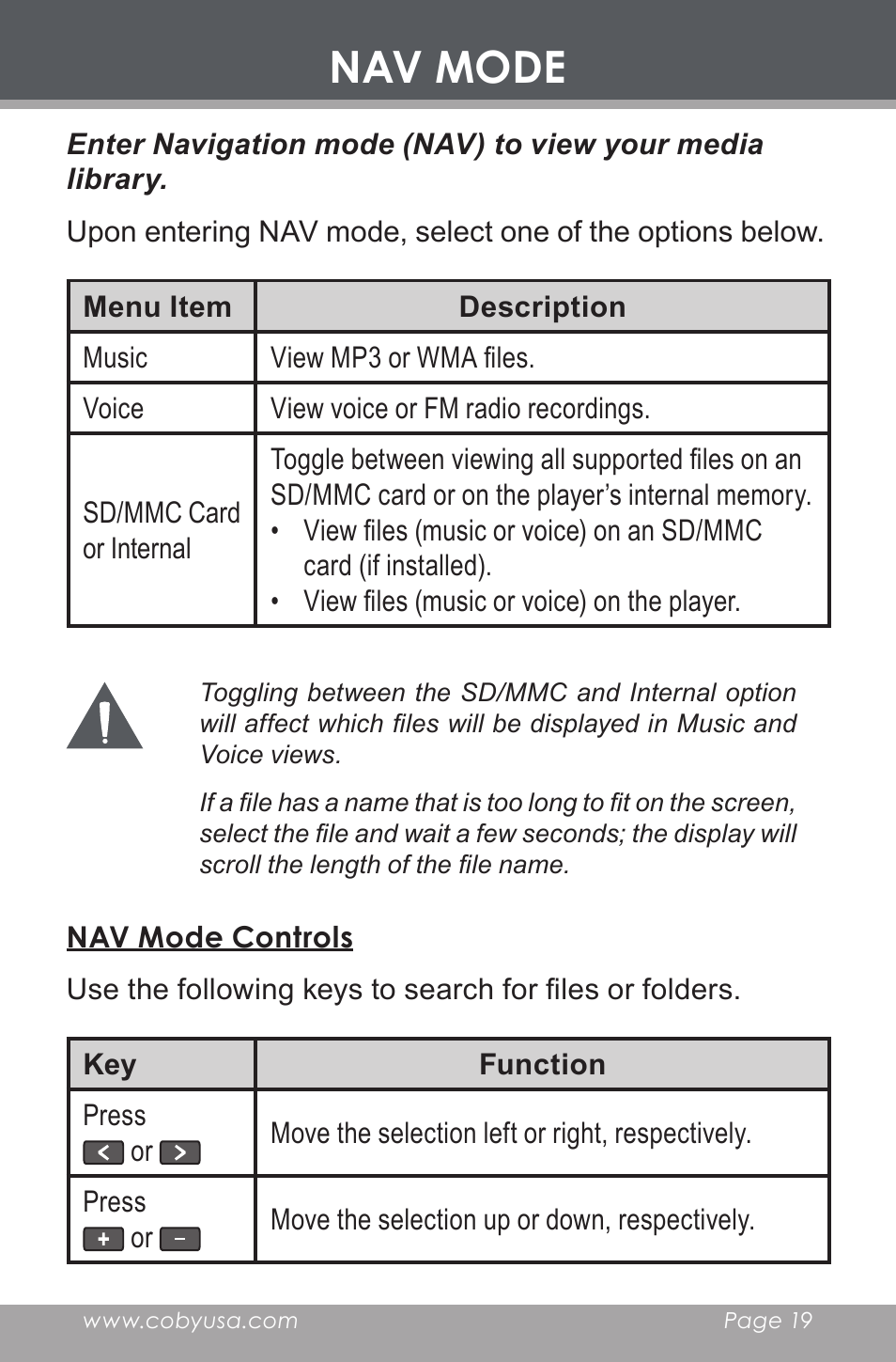 Nav mode, Nav mode controls | COBY electronic MP-C643 User Manual | Page 19 / 44