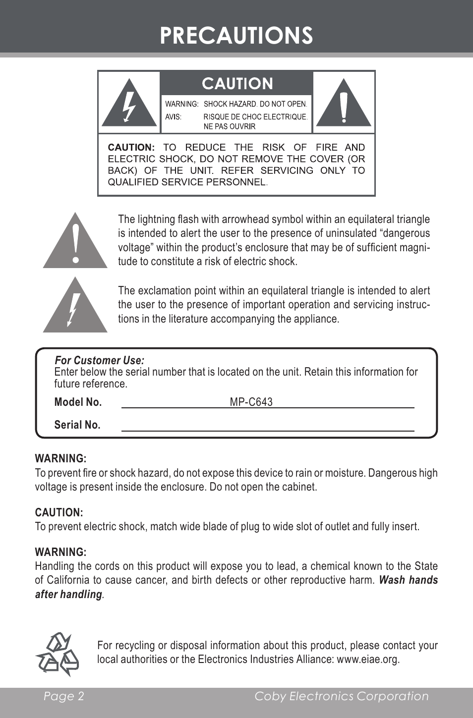 Precautions | COBY electronic MP-C643 User Manual | Page 2 / 44