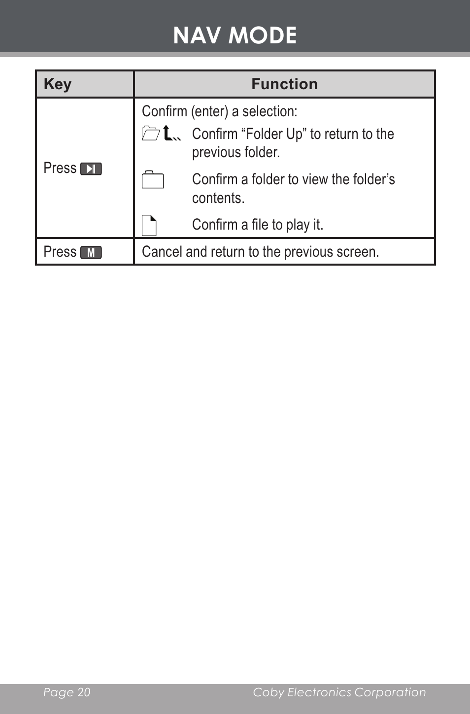 Nav mode | COBY electronic MP-C643 User Manual | Page 20 / 44