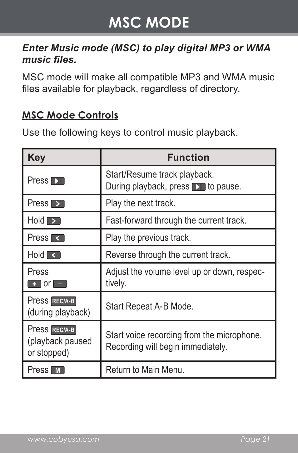 Msc mode, Msc mode controls | COBY electronic MP-C643 User Manual | Page 21 / 44