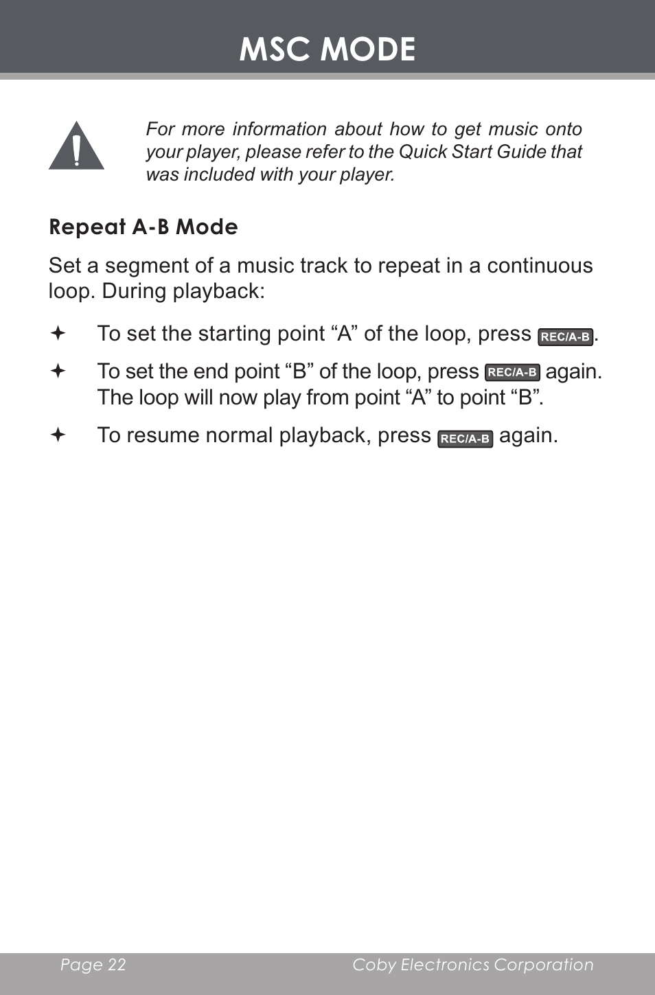 Repeat a-b mode, Msc mode | COBY electronic MP-C643 User Manual | Page 22 / 44