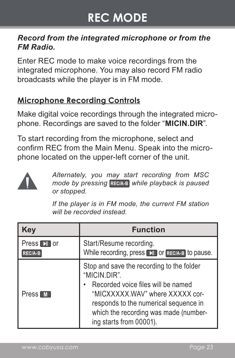 Rec mode, Microphone recording controls | COBY electronic MP-C643 User Manual | Page 23 / 44