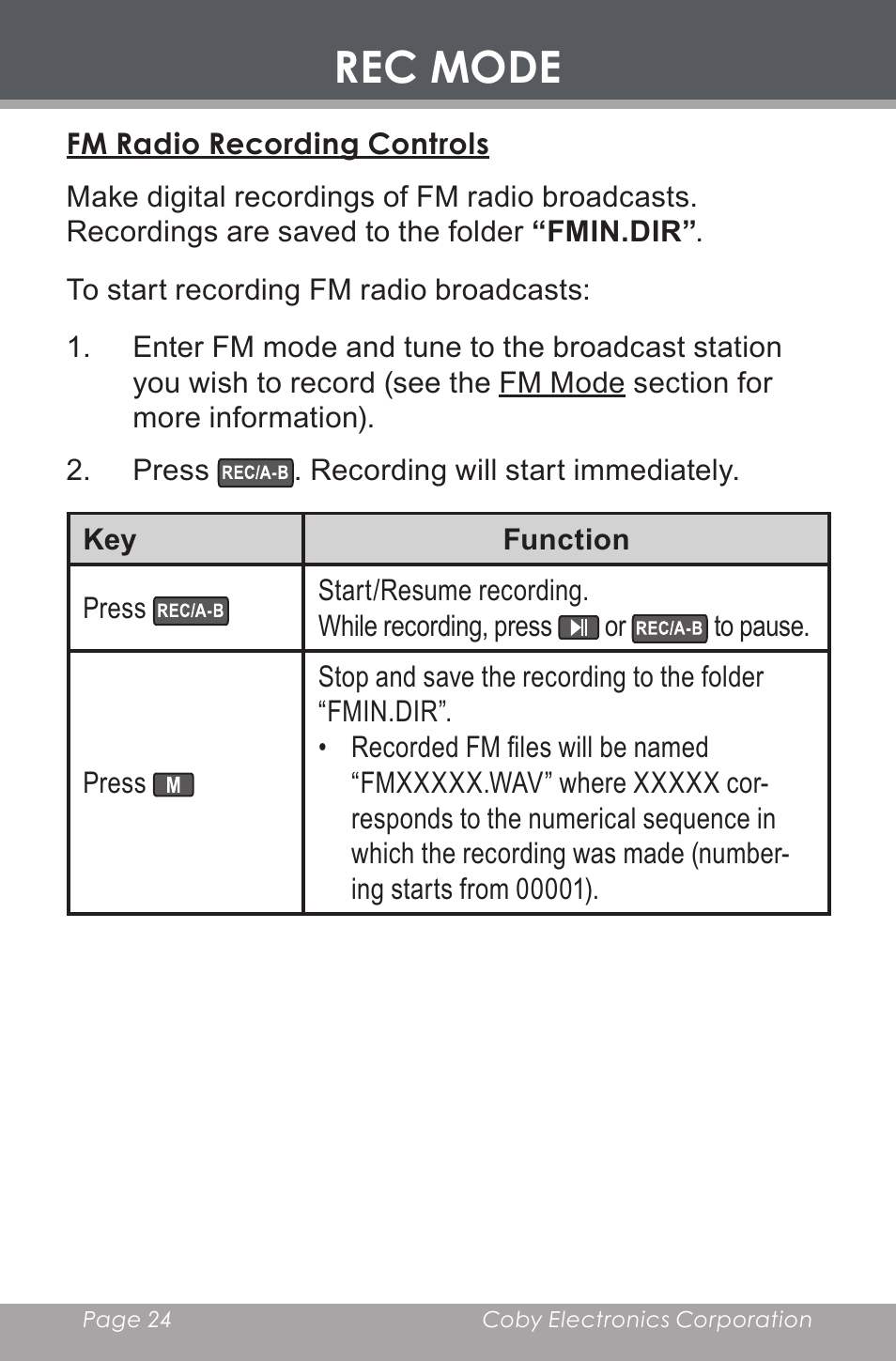 Fm radio recording controls, Rec mode | COBY electronic MP-C643 User Manual | Page 24 / 44