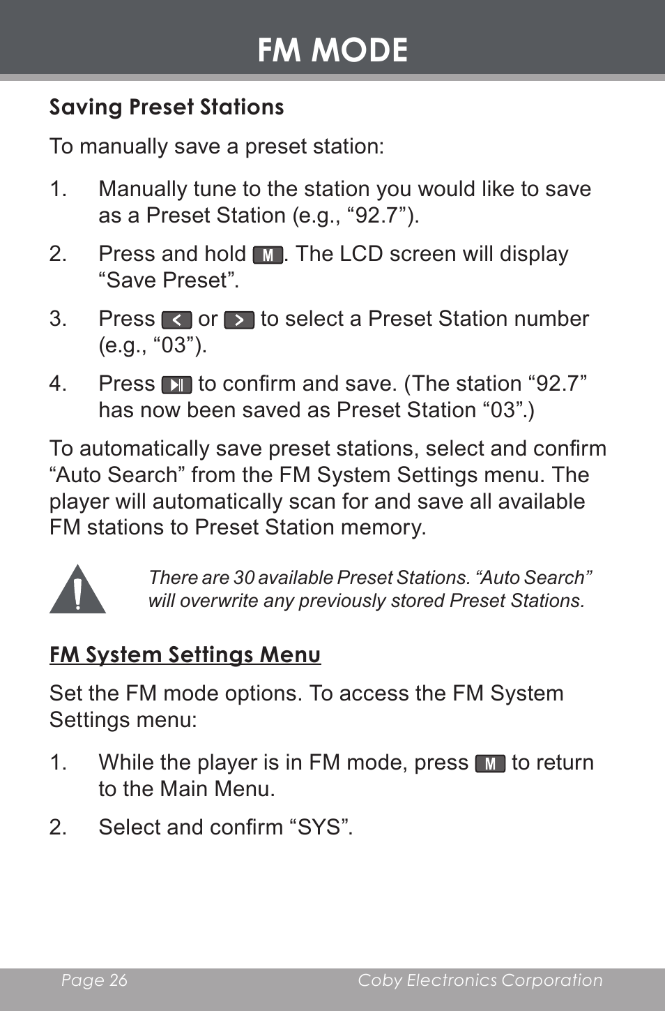Saving preset stations, Fm system settings menu, Fm mode | COBY electronic MP-C643 User Manual | Page 26 / 44