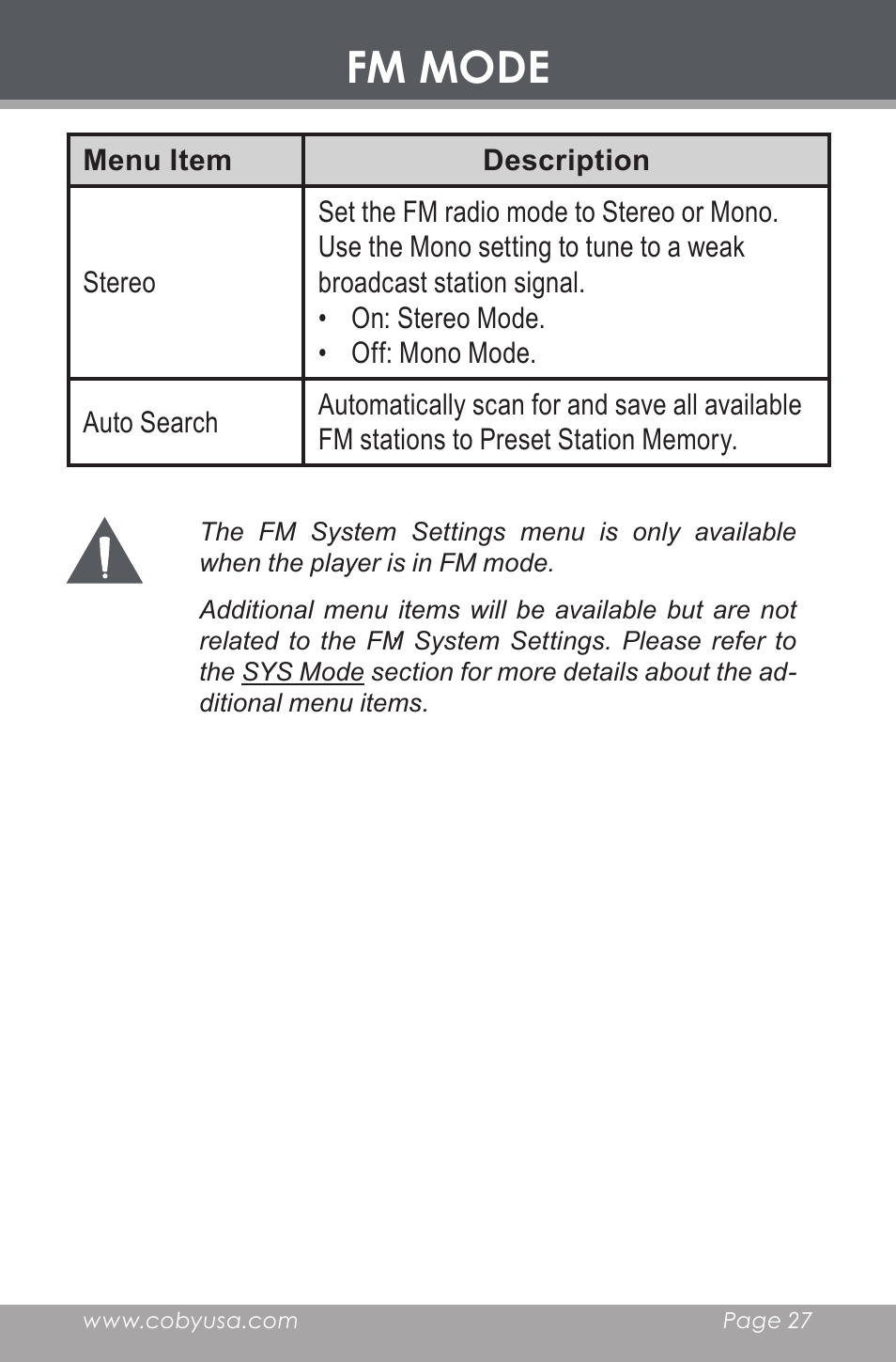 Fm mode | COBY electronic MP-C643 User Manual | Page 27 / 44