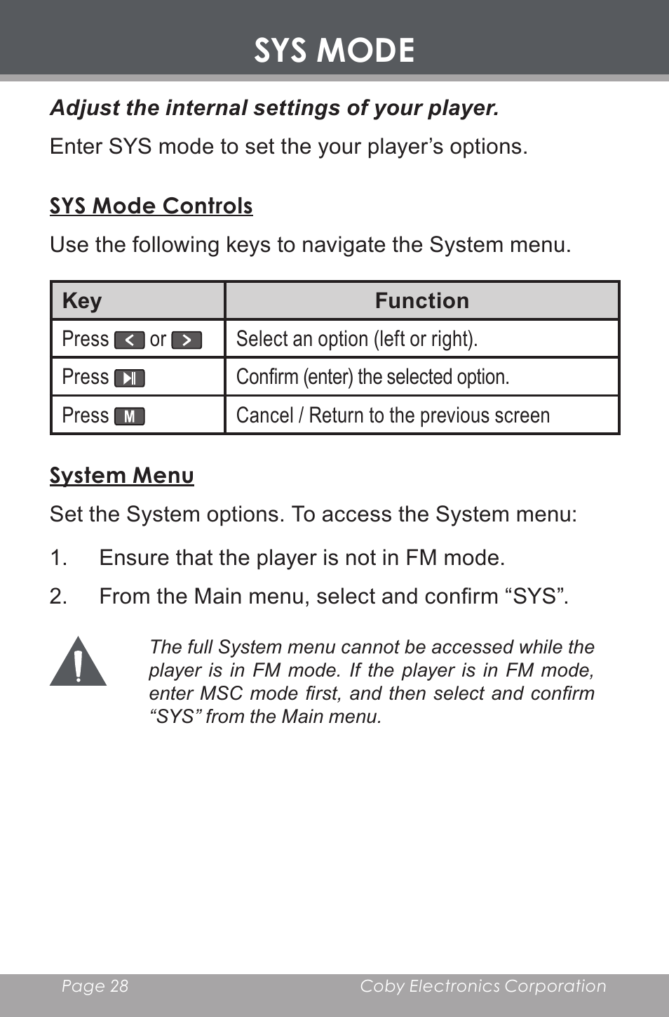 Sys mode, Sys mode controls, System menu | COBY electronic MP-C643 User Manual | Page 28 / 44