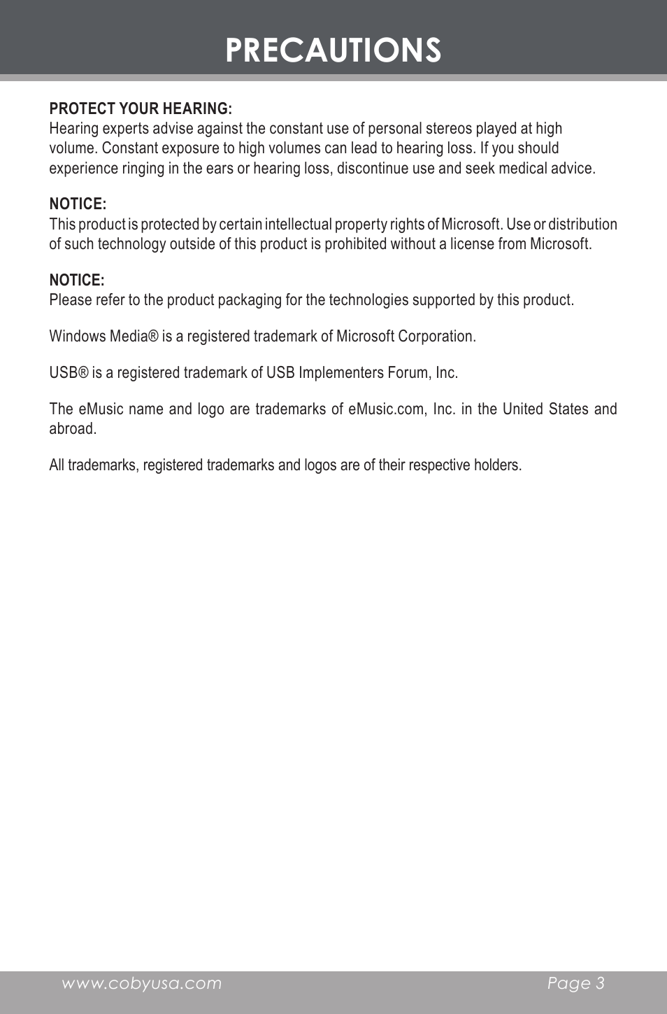 Precautions | COBY electronic MP-C643 User Manual | Page 3 / 44