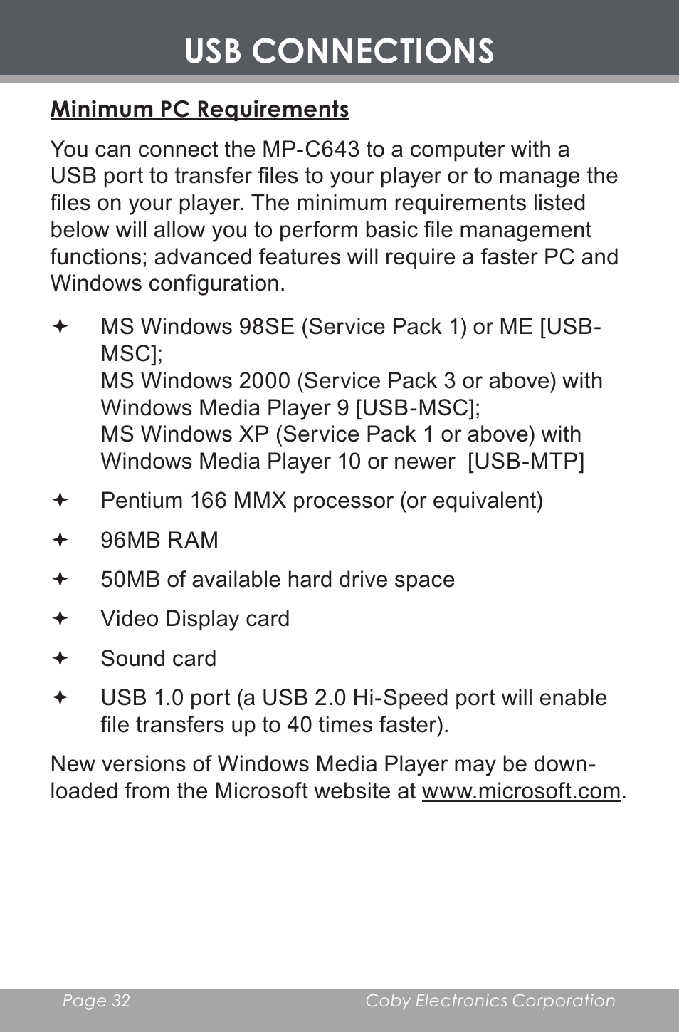 Usb connections, Minimum pc requirements | COBY electronic MP-C643 User Manual | Page 32 / 44