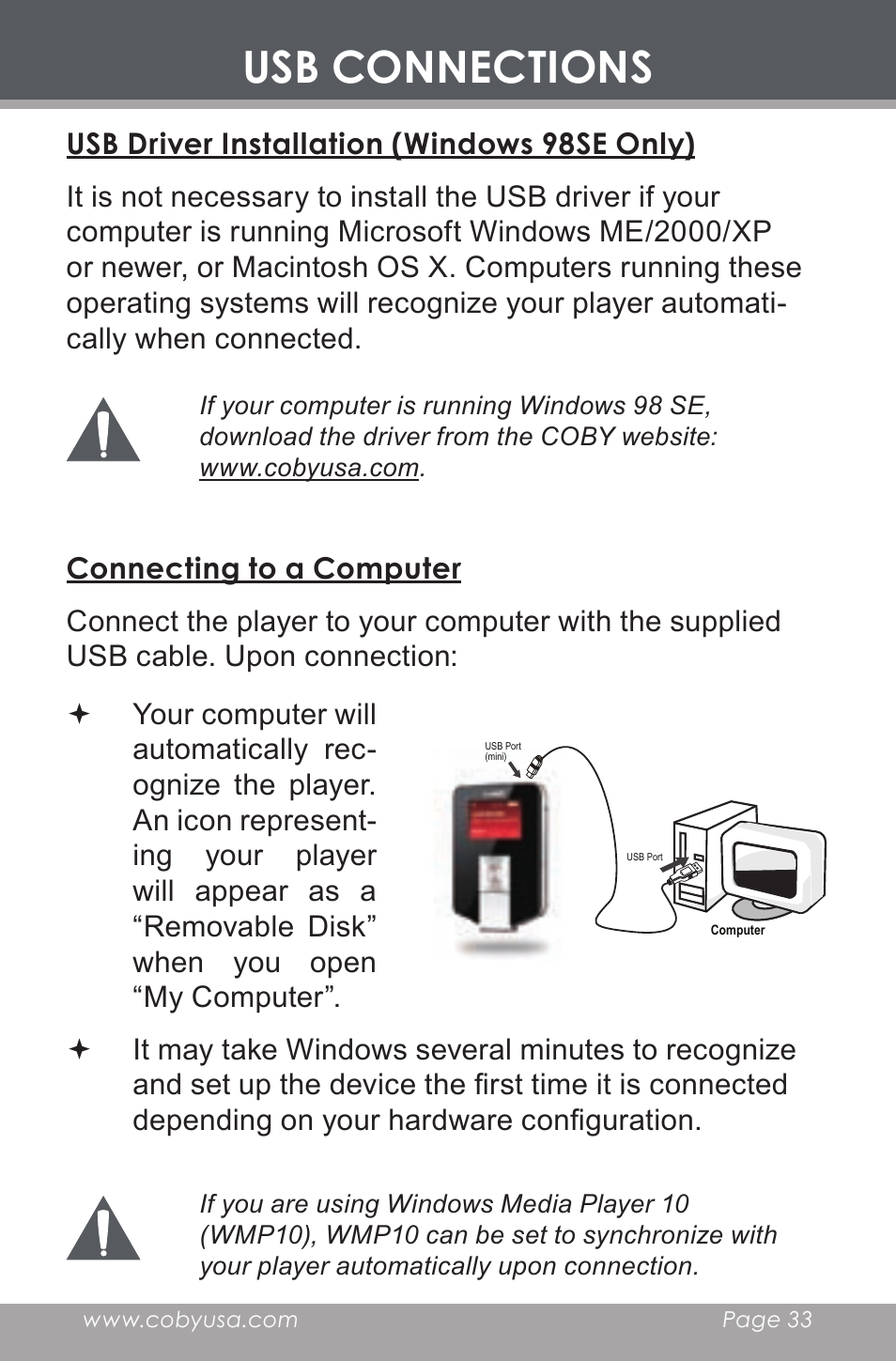 Usb driver installation (windows 98se only), Connecting to a computer, Usb connections | COBY electronic MP-C643 User Manual | Page 33 / 44