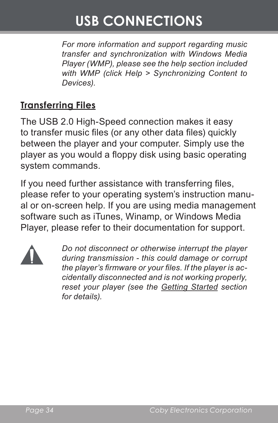 Transferring files, Usb connections | COBY electronic MP-C643 User Manual | Page 34 / 44