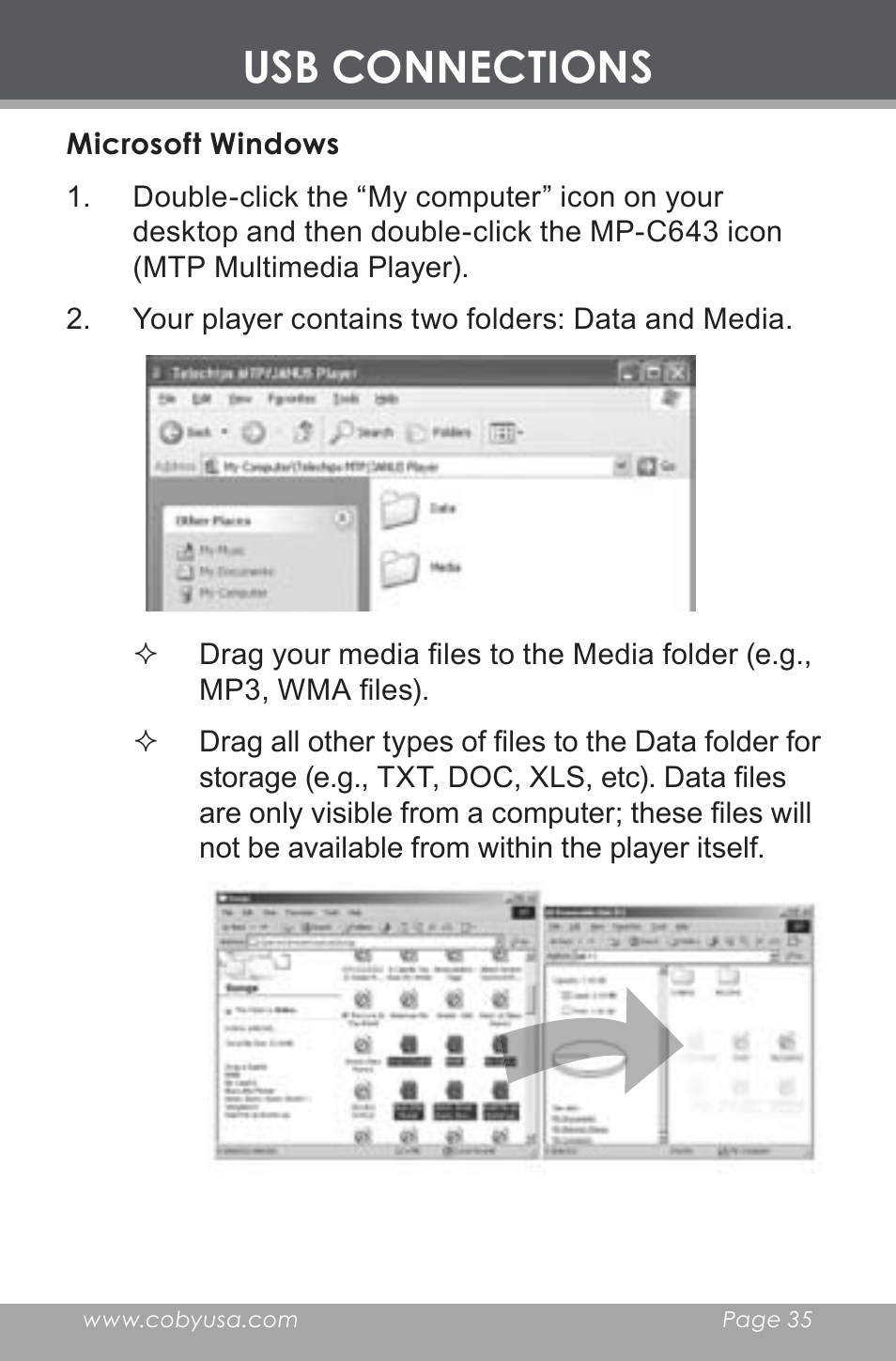 Microsoft windows, Usb connections | COBY electronic MP-C643 User Manual | Page 35 / 44