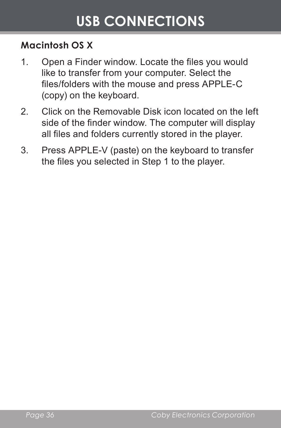 Macintosh os x, Usb connections | COBY electronic MP-C643 User Manual | Page 36 / 44