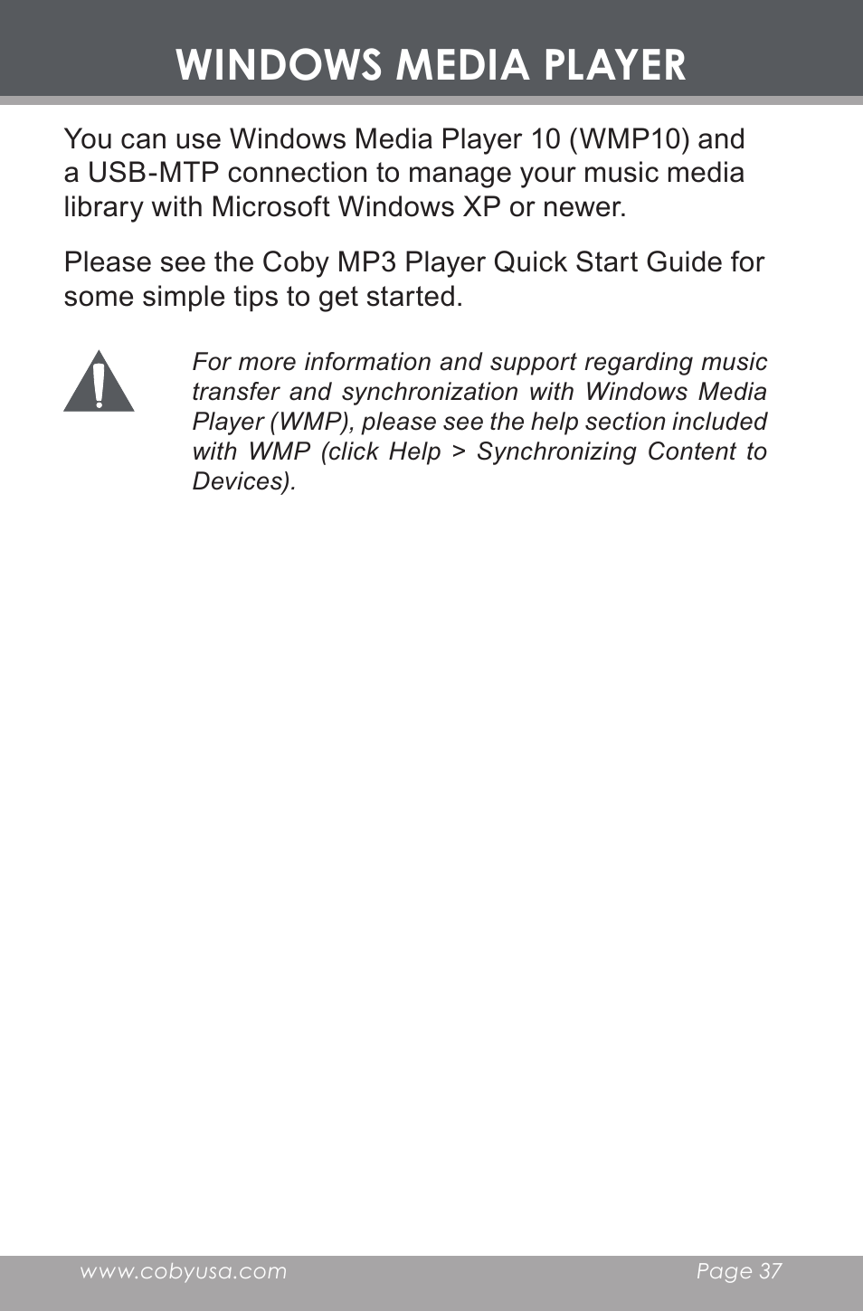 Windows media player | COBY electronic MP-C643 User Manual | Page 37 / 44