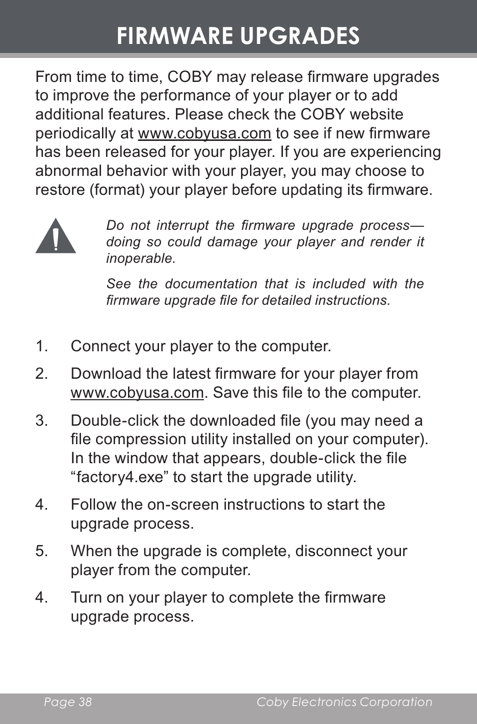 Firmware upgrades | COBY electronic MP-C643 User Manual | Page 38 / 44