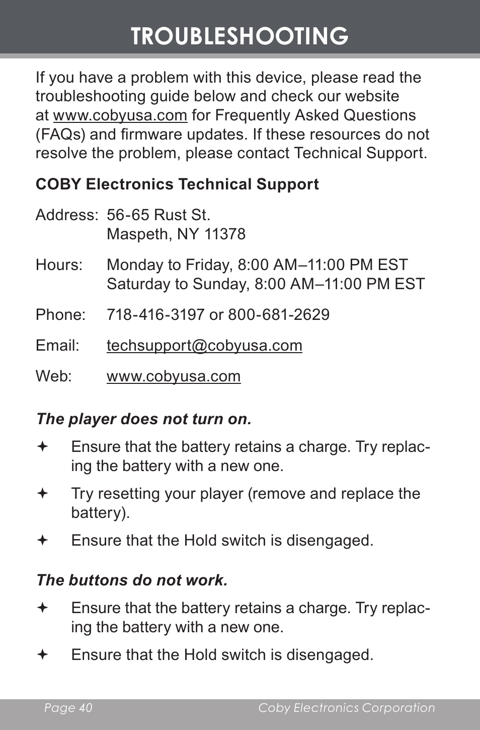 Troubleshooting | COBY electronic MP-C643 User Manual | Page 40 / 44