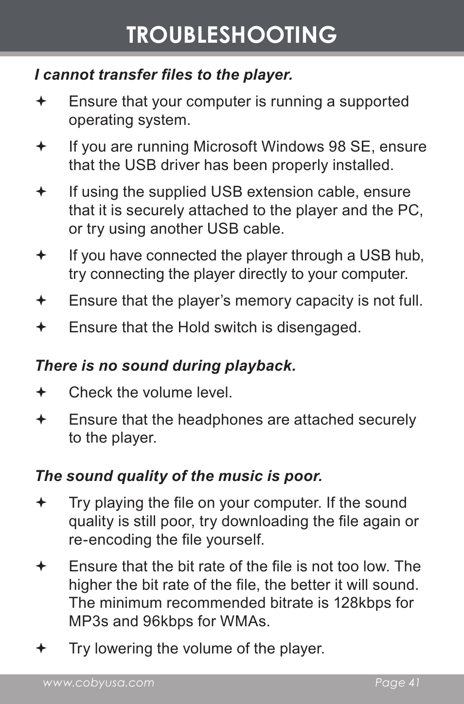 Troubleshooting | COBY electronic MP-C643 User Manual | Page 41 / 44