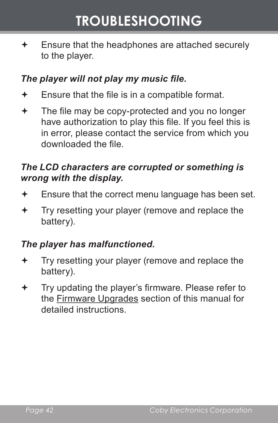 Troubleshooting | COBY electronic MP-C643 User Manual | Page 42 / 44