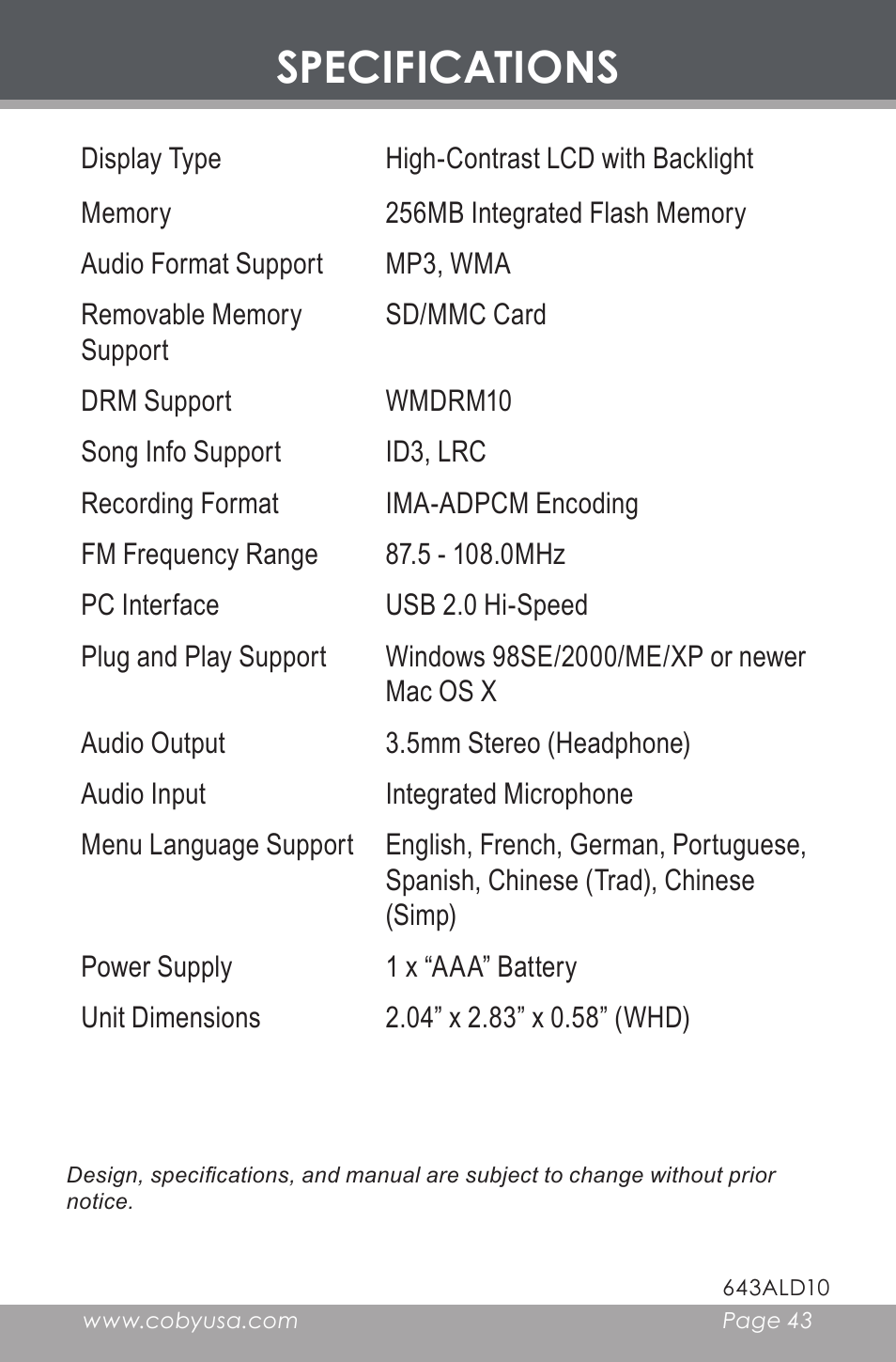 Specifications | COBY electronic MP-C643 User Manual | Page 43 / 44