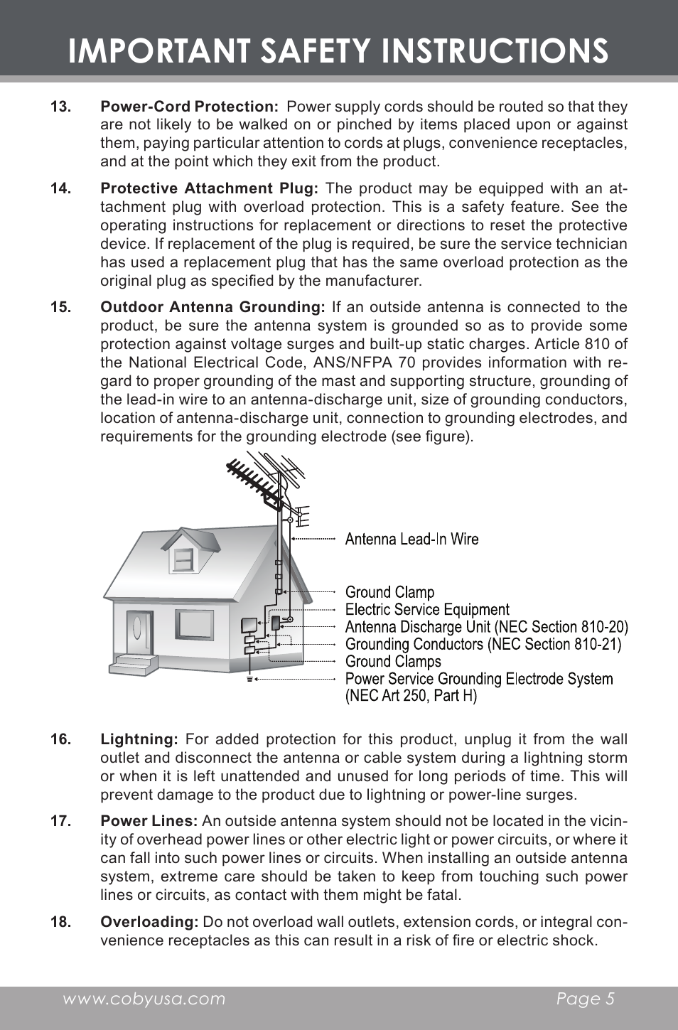Important safety instructions | COBY electronic MP-C643 User Manual | Page 5 / 44