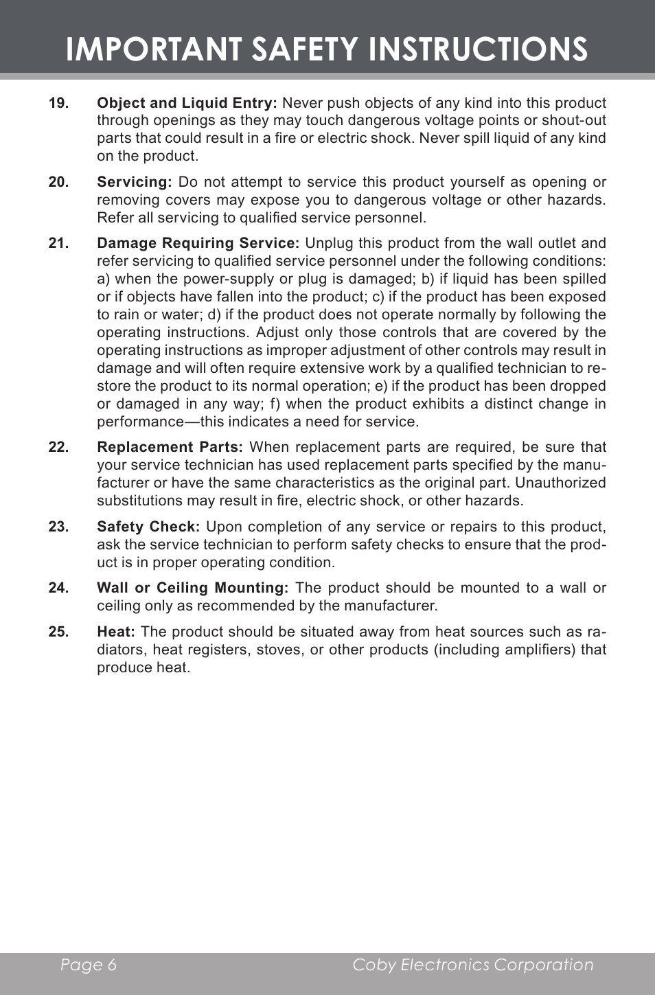 Important safety instructions | COBY electronic MP-C643 User Manual | Page 6 / 44