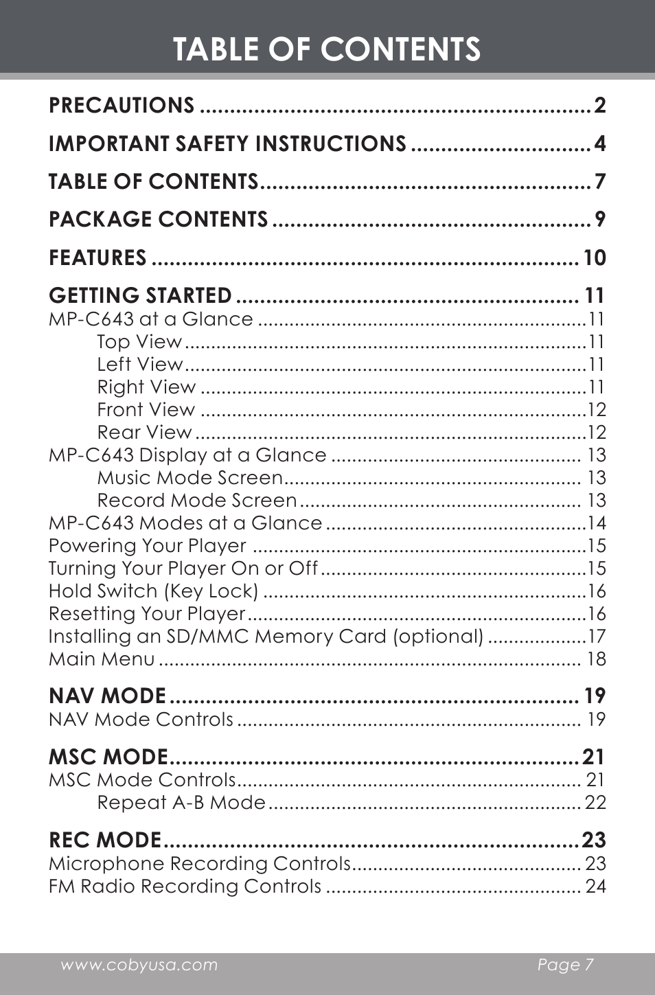 COBY electronic MP-C643 User Manual | Page 7 / 44