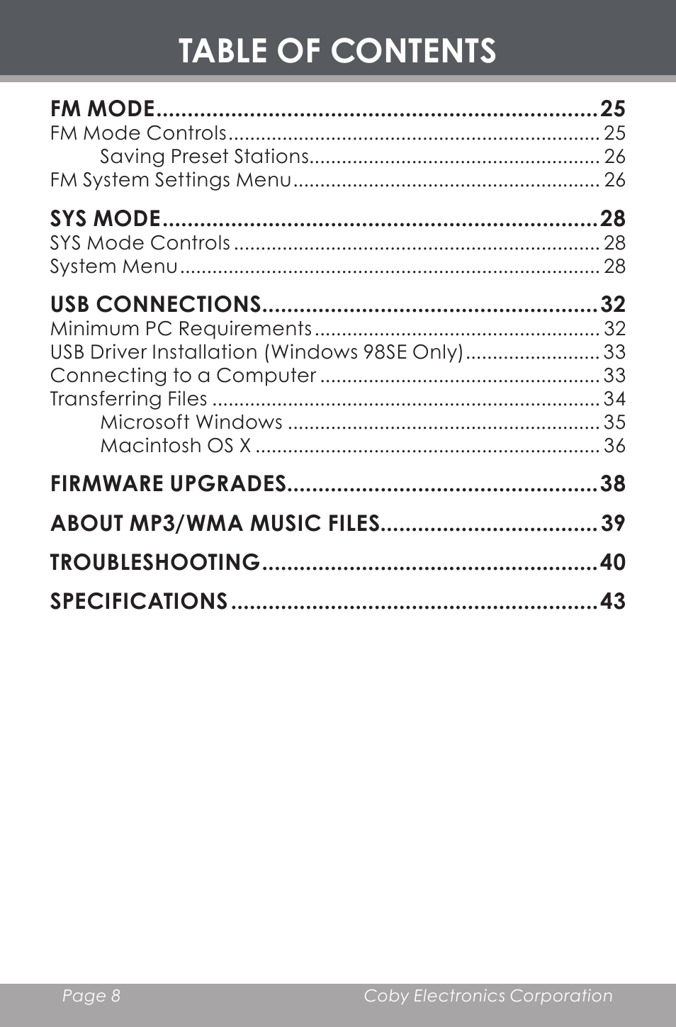 COBY electronic MP-C643 User Manual | Page 8 / 44
