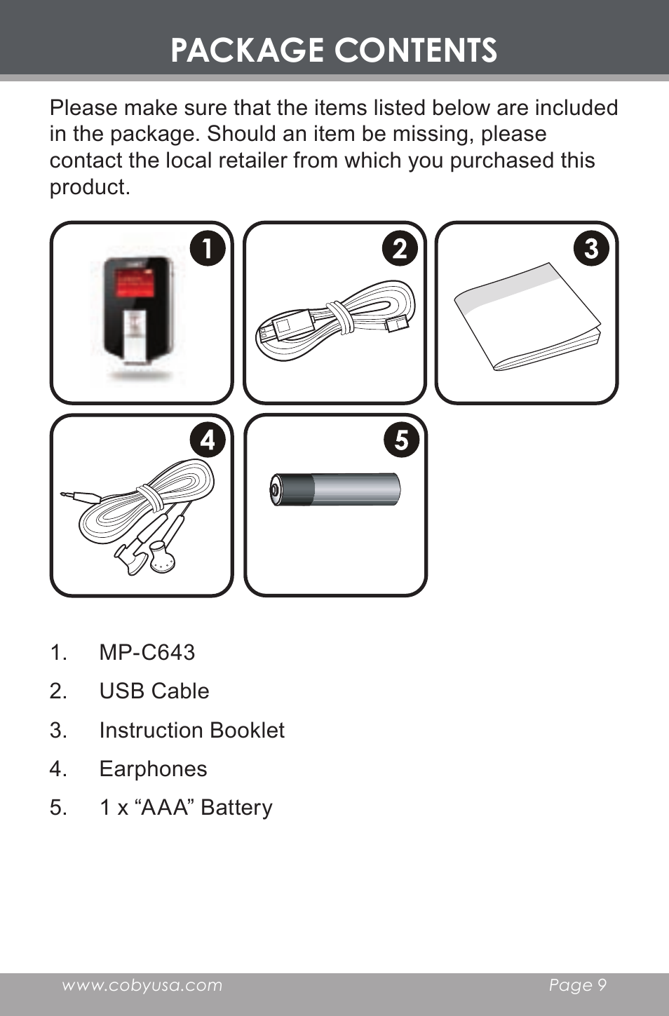 Package contents | COBY electronic MP-C643 User Manual | Page 9 / 44