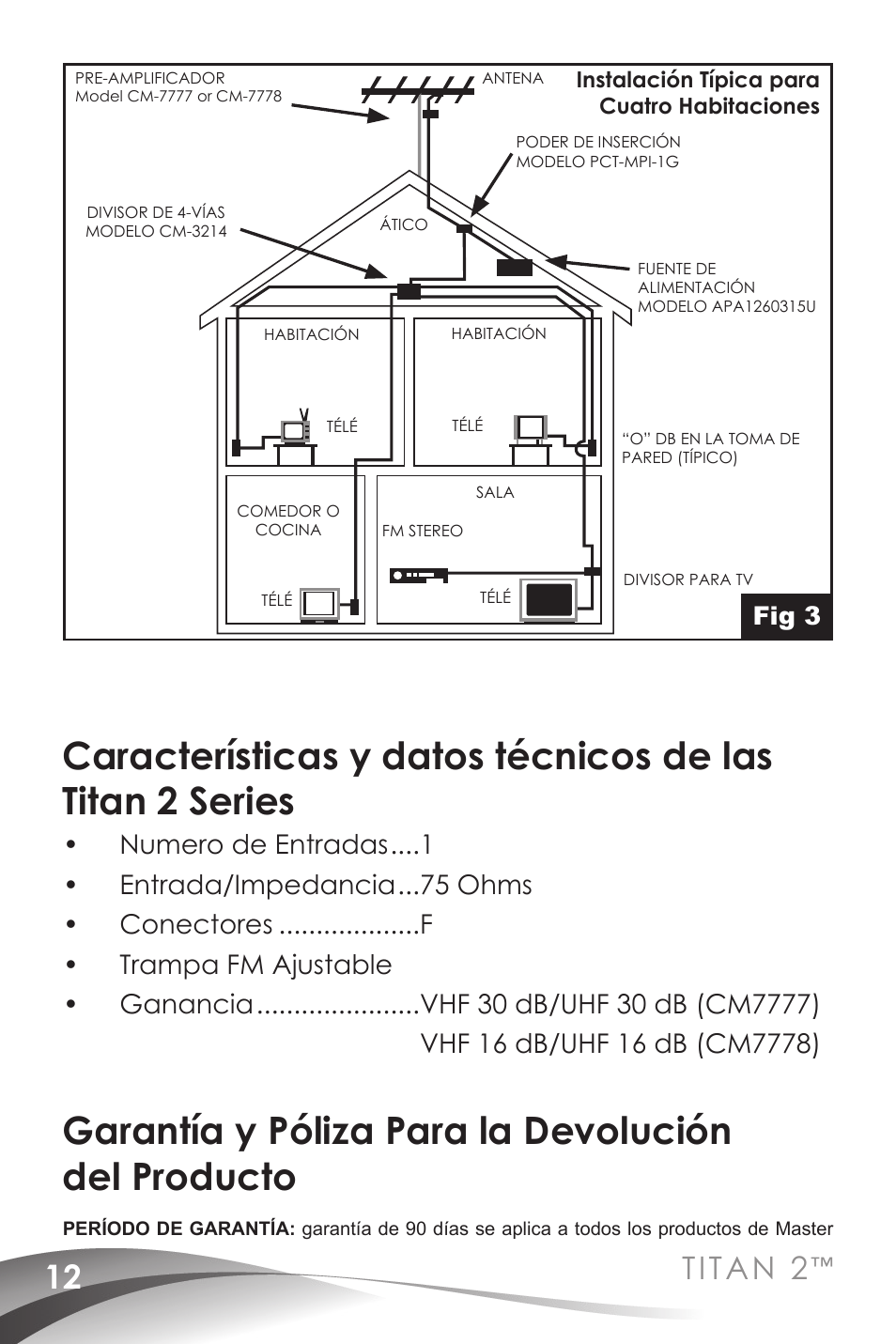 Garantía y póliza para la devolución del producto, Titan 2, Fig 3 | Channel Master Titan 2 Preamplifiers (7777) User Manual | Page 14 / 24