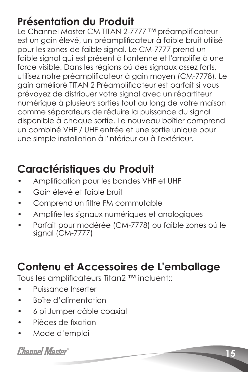 Présentation du produit, Caractéristiques du produit, Contenu et accessoires de l'emballage | Channel Master Titan 2 Preamplifiers (7777) User Manual | Page 17 / 24