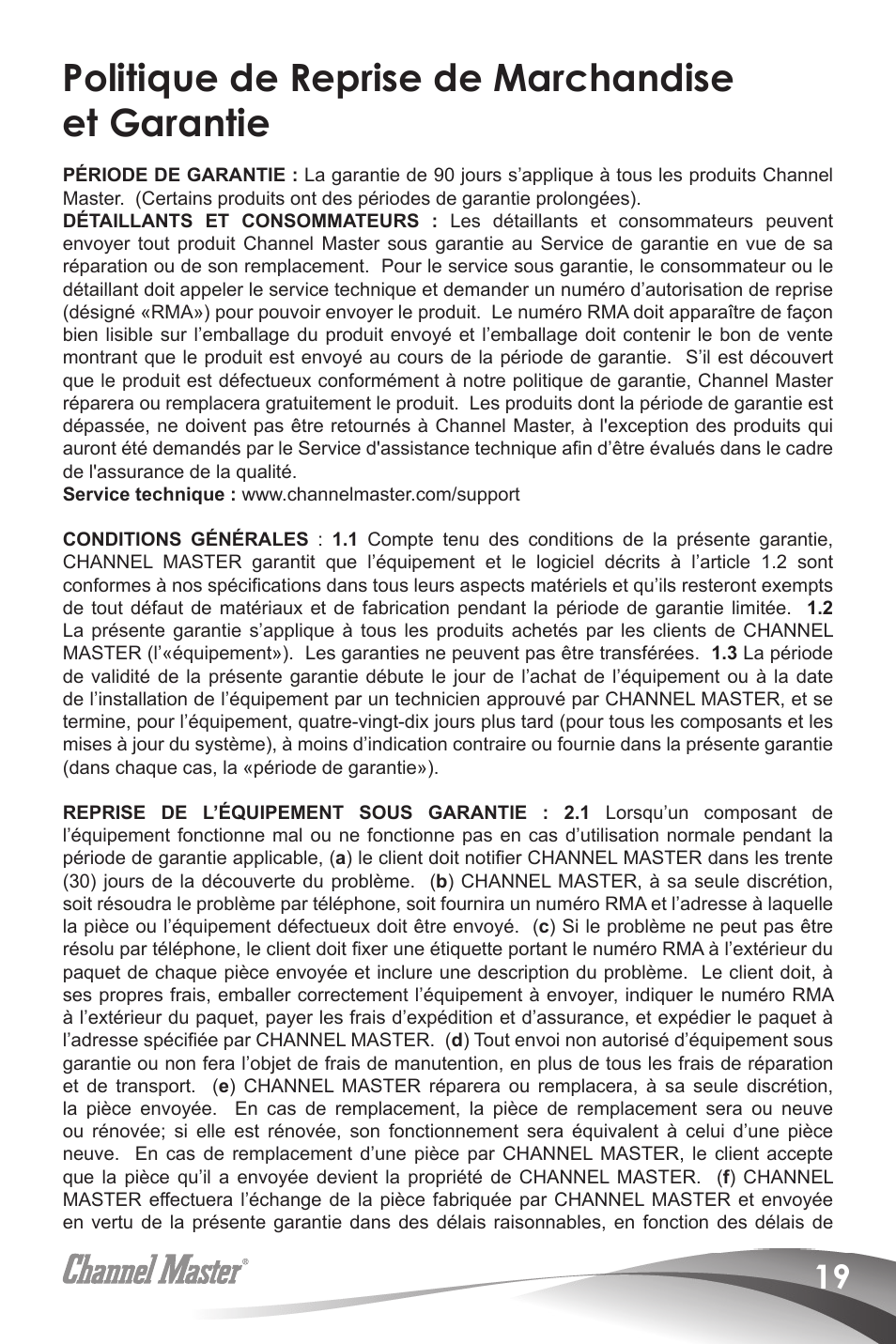 Politique de reprise de marchandise et garantie | Channel Master Titan 2 Preamplifiers (7777) User Manual | Page 21 / 24
