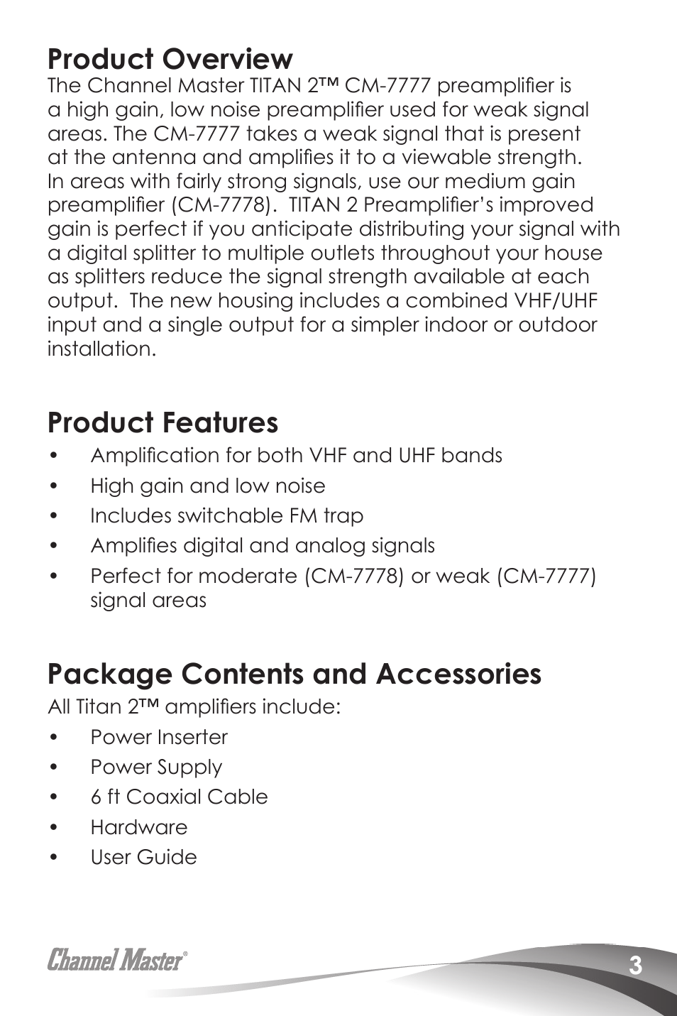 Product overview, Product features, Package contents and accessories | Channel Master Titan 2 Preamplifiers (7777) User Manual | Page 5 / 24