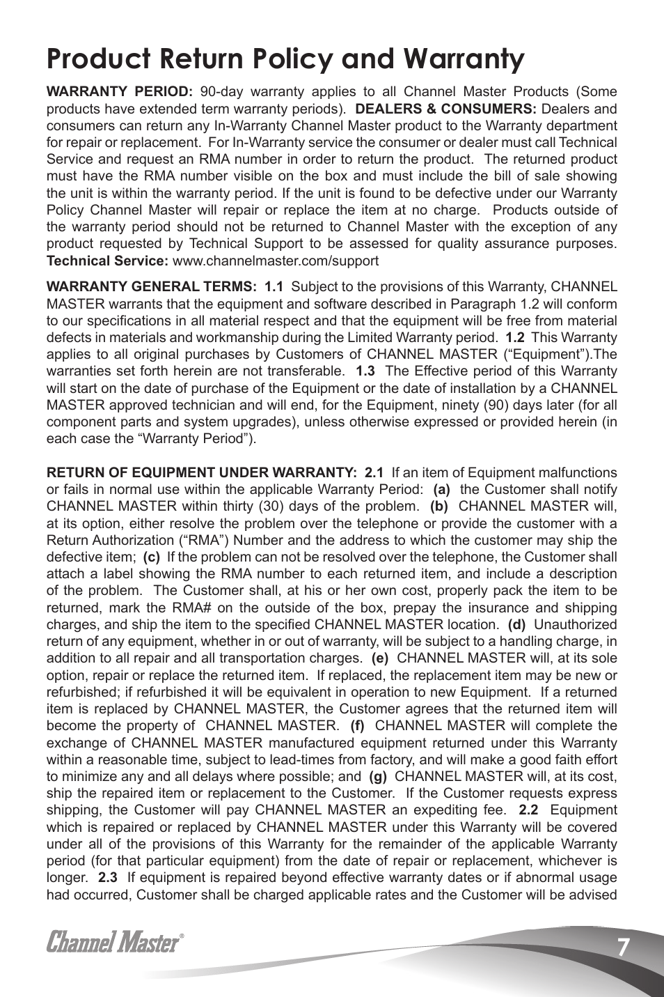 Product return policy and warranty | Channel Master Titan 2 Preamplifiers (7777) User Manual | Page 9 / 24