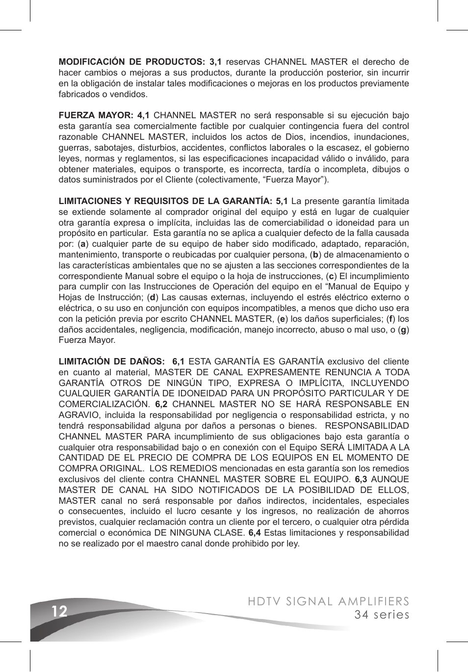 Hdtv signal amplifiers 34 series | Channel Master Ultra Mini Amplifiers (3410) User Manual | Page 14 / 20