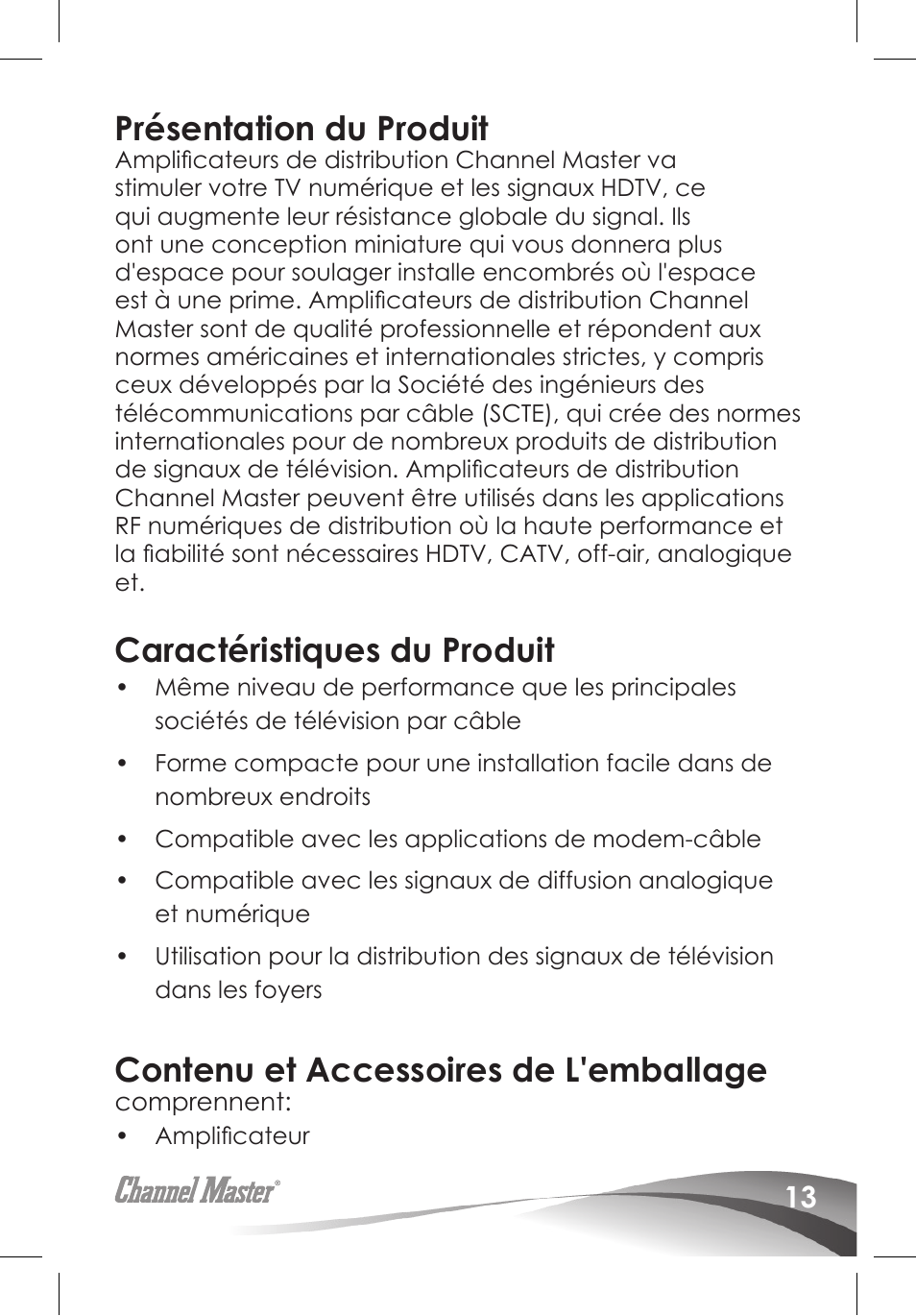 Présentation du produit, Caractéristiques du produit, Contenu et accessoires de l'emballage | Channel Master Ultra Mini Amplifiers (3410) User Manual | Page 15 / 20