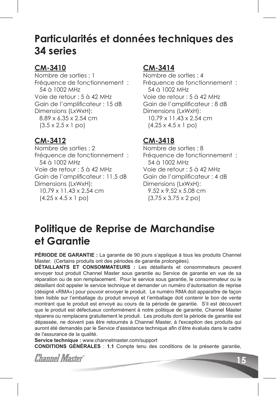 Particularités et données techniques des 34 series, Politique de reprise de marchandise et garantie | Channel Master Ultra Mini Amplifiers (3410) User Manual | Page 17 / 20