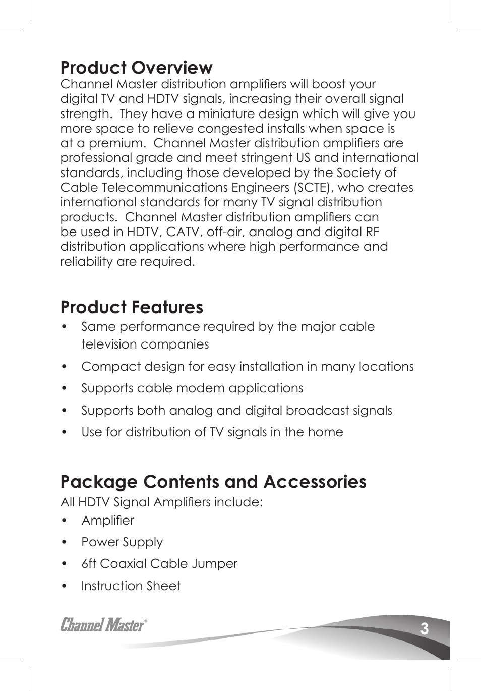 Product overview, Product features, Package contents and accessories | Channel Master Ultra Mini Amplifiers (3410) User Manual | Page 5 / 20