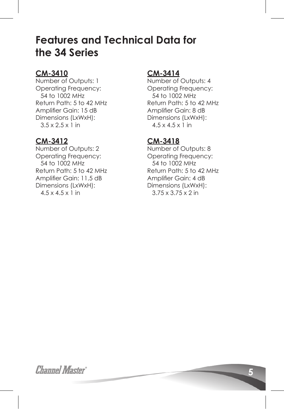 Features and technical data for the 34 series | Channel Master Ultra Mini Amplifiers (3410) User Manual | Page 7 / 20